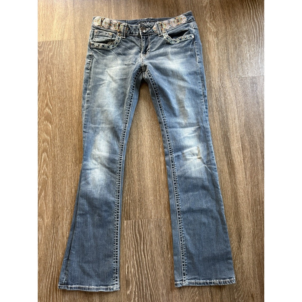 Grace in LA Jeans Womens 29 Blue Embellished Geometric Aztec Pocket Rhinestone